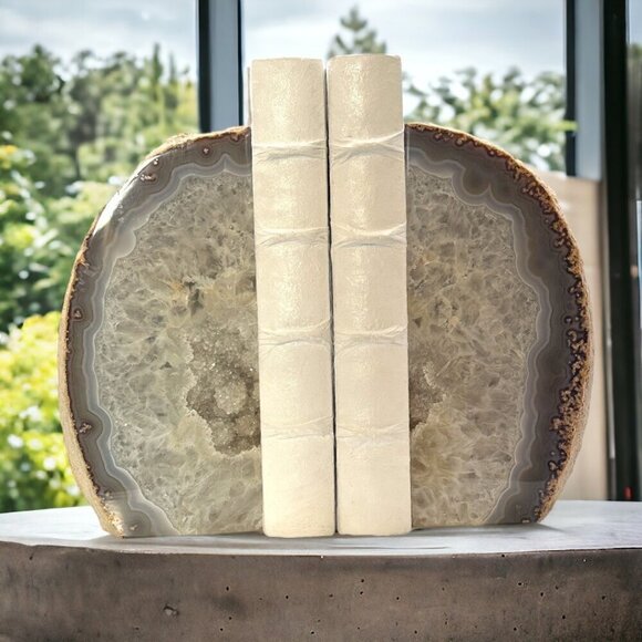 XL Crystal Bookends w/ Geode Center, Large Stone Bookends, Authentic Agate (FL) - Picture 1 of 15